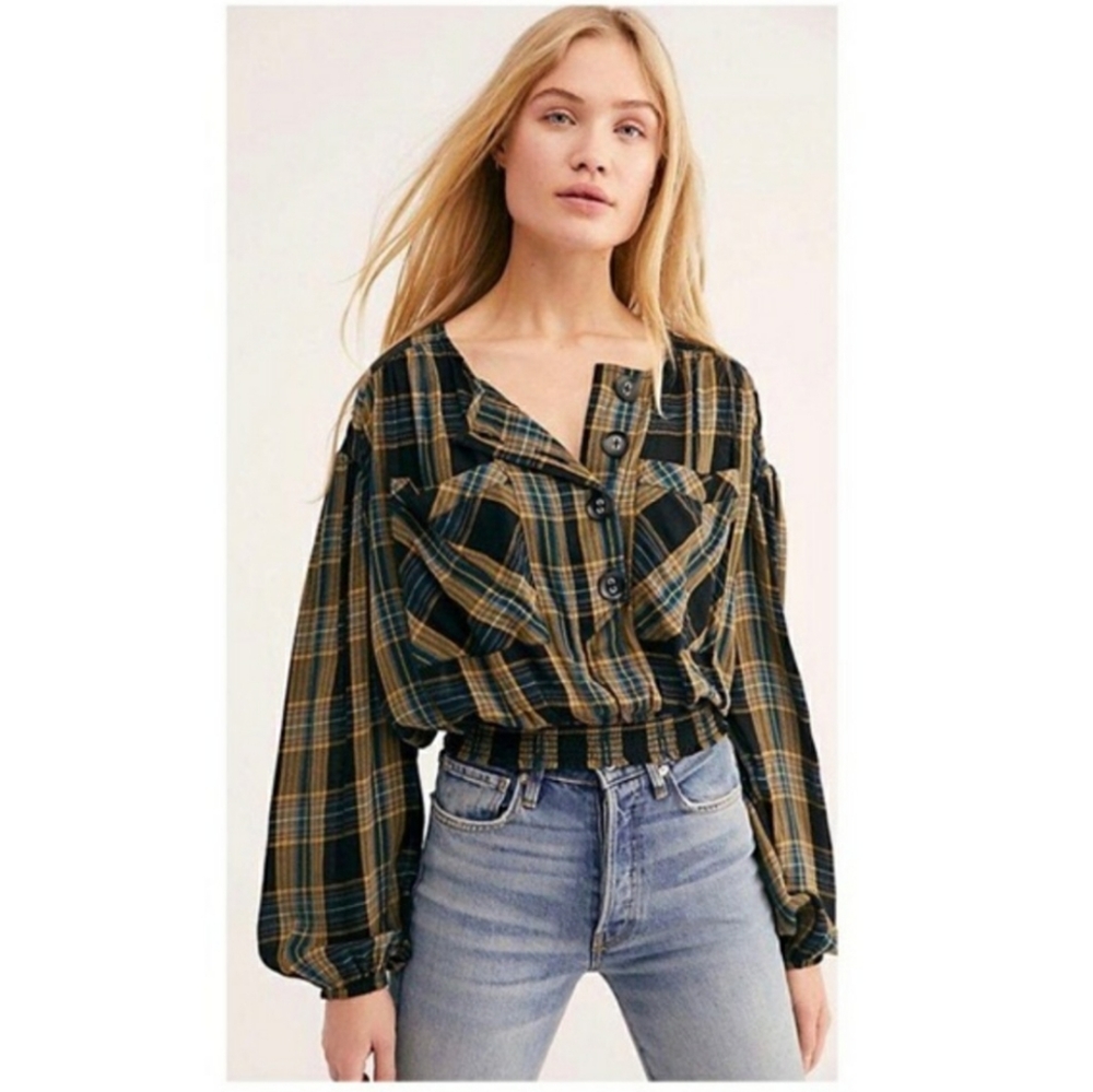 Free People It's the Good Life Cotton Plaid Cropped Button-up Long Sleeve Top M